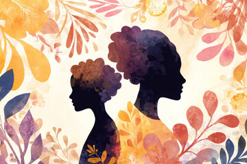Watercolor silhouette of mother and daughter surrounded by soft floral patterns, warm pastel palette, symbolic International Women's Day illustration