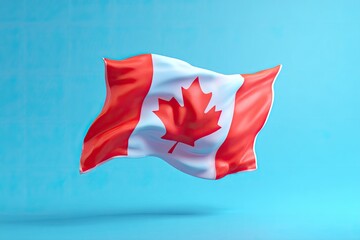 A vibrant, floating flag with a distinctive red maple leaf emblem against a solid light blue background