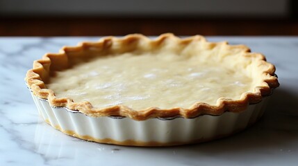 Golden Baked Lemon Custard Tart in a Fluted Ceramic Tart Pan on a Marble Surface