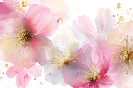 Watercolor spring flowers with gold dust highlights, transparent overlapping petals, subtle gradient washes, light and elegant composition perfect for Women's Day greeting card backgrounds