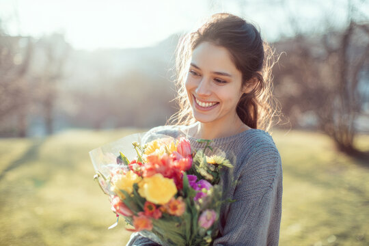 Woman smiling while holding bouquet of spring flowers in bright outdoor park, soft sunlight, casual clothing, joyful International Women's Day lifestyle photography