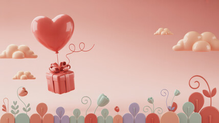 Valentine&rsquo;s Day modern 3D illustration with heart balloon and gift box