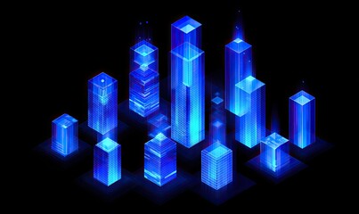 Illuminated, abstract cityscape of blue glowing rectangular structures on a black background