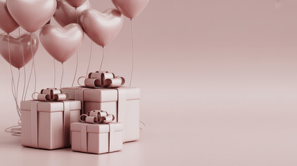 Valentine&rsquo;s Day minimal 3D scene with gift boxes and heart balloons