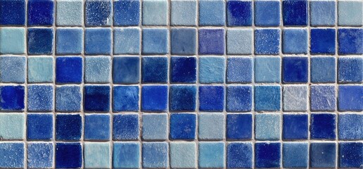 Close-up of square blue tiles arranged in a grid, varying shades, some speckled