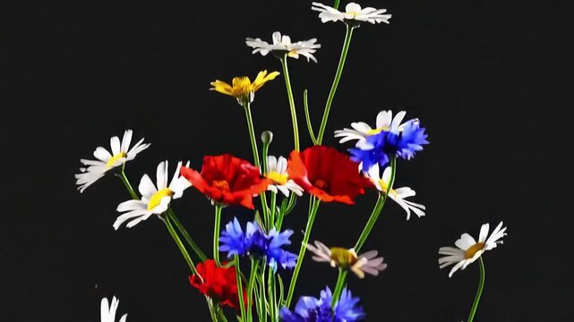 The screenshot captures a beautiful bouquet of wildflowers against a black background. The arrangement includes vibrant red, blue, and white blooms, showcasing the diversity and charm of nature&rsquo;s colo