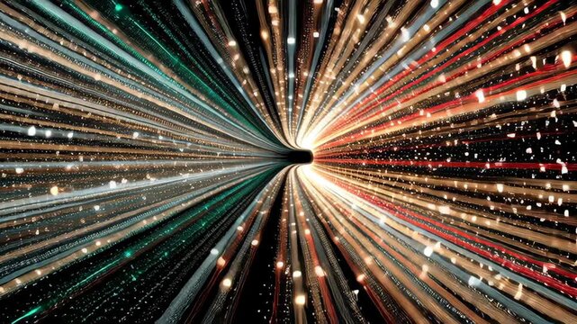 Dynamic scene of a warp speed tunnel in outer space, featuring vibrant and colorful light trails. this abstract representation of motion and light embodies concepts of futuristic travel and speed, ide