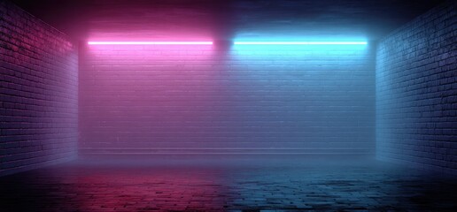 A neon-lit, brick-walled space glows with pink and blue light, emanating from overhead fixtures, creating an ambiance