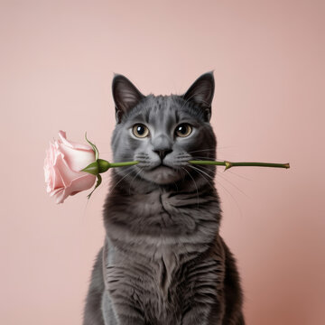 Modern Valentine&rsquo;s Day concept with black cat and pale pink rose