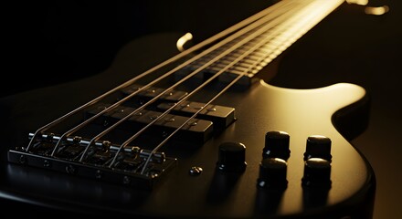 Macro Shot of Electric Bass Guitar Showing Strings, Bridge, and Pickups