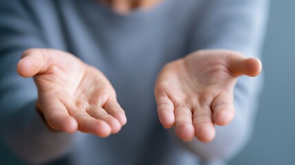 Open hands reaching out with empty palms in soft light background  