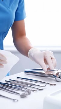 Vertical close-up of dental professional hands cleaning instruments with a disinfectant wipe. Assistant in gloves sterilizing tools on a tray in a clinic. Hygiene and medical preparation concept
