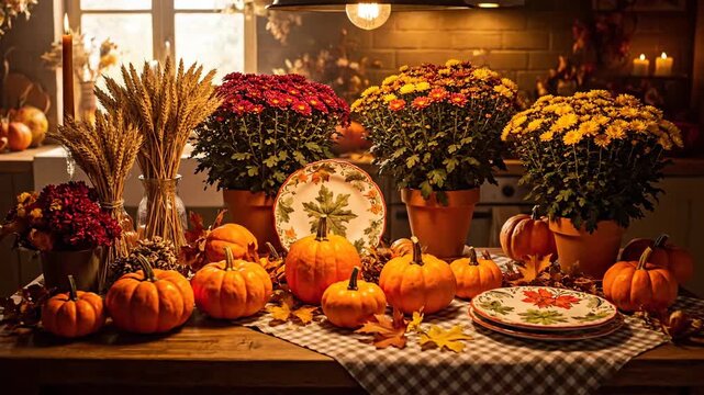 Autumn harvest display featuring pumpkins, mums, wheat, and fall leaves on a checkered tablecloth.
