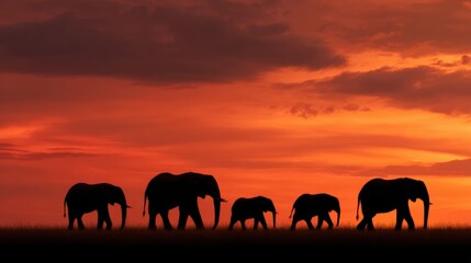 Fototapeta premium Silhouette of Elephants Walking at Sunset in Tranquil Landscape