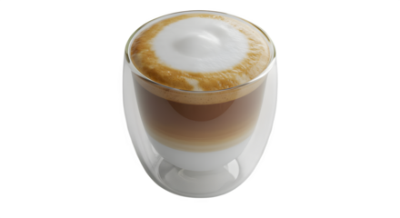 Coffee latte with foam in glass cup sits against black background. Ideal for cafe menus, food blogs, beverage ads.