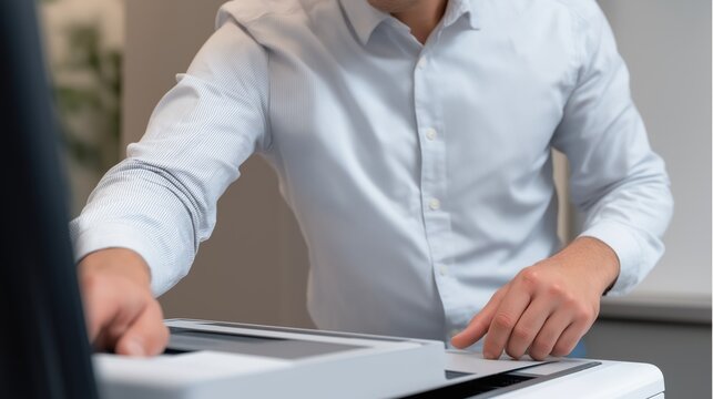 Man operating a multifunction printer in a modern office setting  