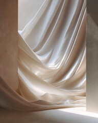 Flowing Fabric in Soft Sunlight Within a Minimal Architectural Space