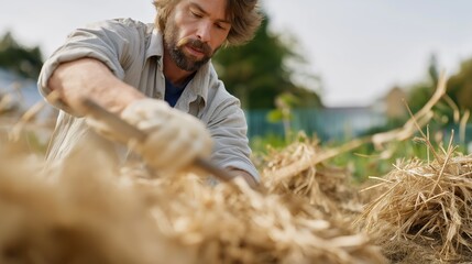 Man working in garden using rake on sunny day  