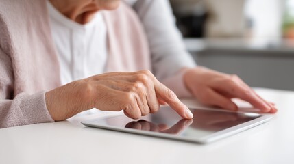 Elderly woman learning to use tablet with assistance at home  