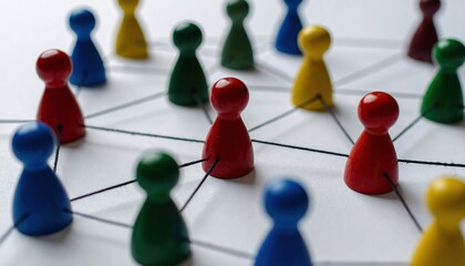 colorful network of toy figures connected by string, with a white background and various colors 