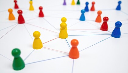 colorful network of toy figures connected by string, with a white background and various colors 