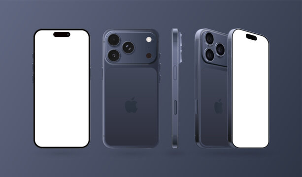 Set of Smart phone Apple iPhone 17 Pro, Pro Max in different sides, in official Deep Blue