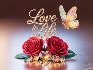 Romantic Still Life with Red Roses, Love Script & Butterfly and Elegant Valentine Art, Luxury Love Decoration Scene