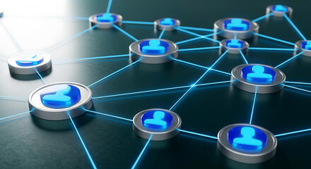 A network of interconnected people icons on a dark background with blue lines and glowing effects