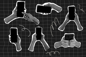 Phone in hand cut out halftone collage elements set. Pop art retro phone with empty screen sticker. Social media poster. App cover mockup. Smartphone blank display.