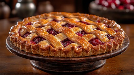 Golden Lattice-Crust Cherry Pie Resting on a Rustic Wooden Table, Appearing Appetizing and Cozy