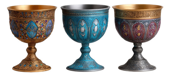 Three intricately designed decorative goblets showcasing vibrant colors and ornate patterns