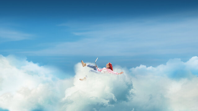 Surreal artwork of person floating on cloud with laptop. Concept of digital freedom, cloud workspaces, online creativity, remote lifestyle, future technology and virtual environments.