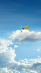Bright composition with man sitting on cloud with laptop. Concept of remote software development, cloud infrastructure access, freelance programming, SaaS platforms, distributed IT teams.