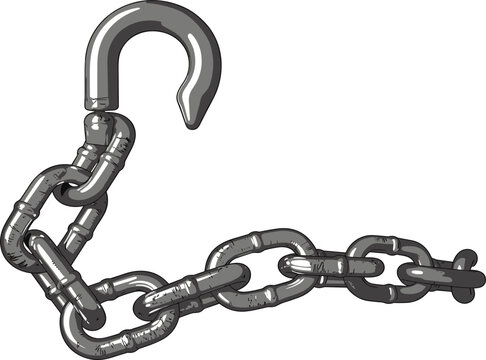 Heavy duty metal chain with steel hook, industrial towing and lifting equipment, vector illustration