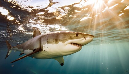 powerful great white shark gracefully swims in a clear ocean, sunlight filtering from above 