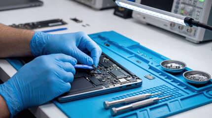 Technician in blue gloves working on an open laptop motherboard with tools and parts, representing sustainable tech care and repair rights.