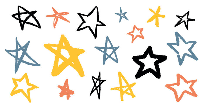 Cute simple stars. Grunge Brush drawn icons done on paper. Colourful yellow stars in different shapes and forms. 