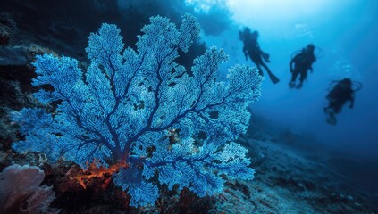 Deep blue underwater scene with a large blue coral and several scuba divers in view