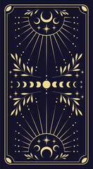 Esoteric mystical tarot card with astrology symbols. Vector illustration template, boho style