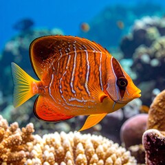 Orange fish with vertical stripes swims near coral, underwater in the blue ocean depths