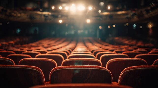Calm Theatre Scene with Brightly Lit Stage and Empty Seats
