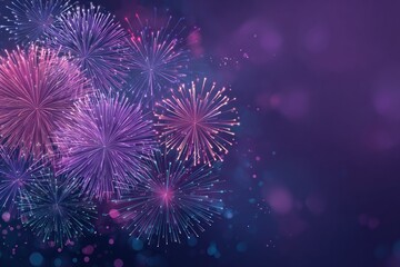 Colorful digital illustration features fireworks bursting against a dark purple background