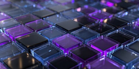 Close-up of square, transparent and reflective shapes in purple, black, and blue tones