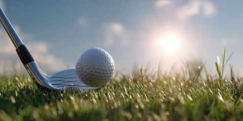 Close-up of a golf club about to hit a golf ball on green grass with a bright sun