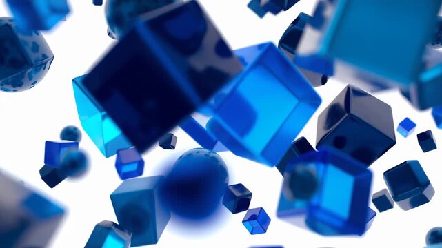 Abstract blue geometric shapes, cubes and spheres, slowly floating on an isolated white background