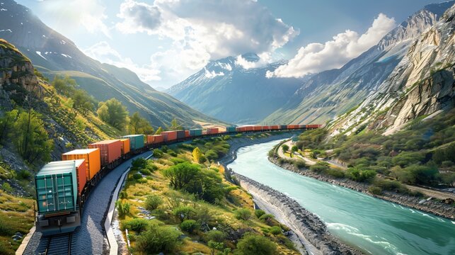 A long diesel cargo train pulling colorful shipping containers moving through a beautiful scenic valley with a river and majestic mountains in the background.