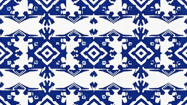 Blue and white kaleidoscope ikat pattern moving and morphing on an isolated white background