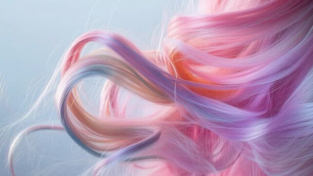Strands of multi colored pastel hair flowing and waving against a soft, clean background