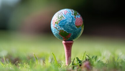 A golf ball painted to resemble Earth rests on a tee in a lush green field