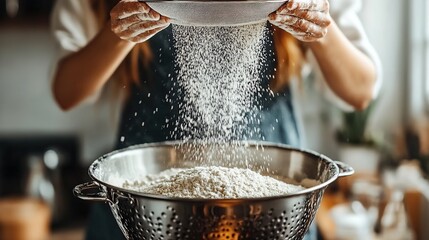 Hands Sifting Powdered Flour from a Fine Sieve into a Large Kitchen Pot